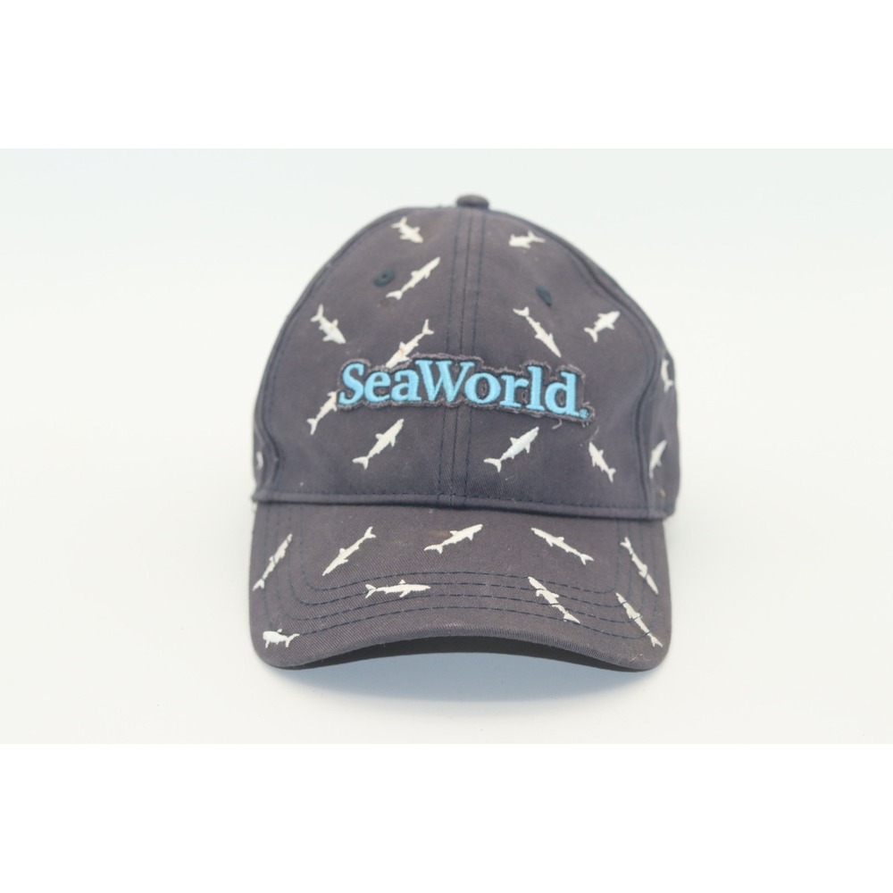 SeaWorld Navy Blue Shark All Over Print Embroidered Baseball Cap Adjustable Hat